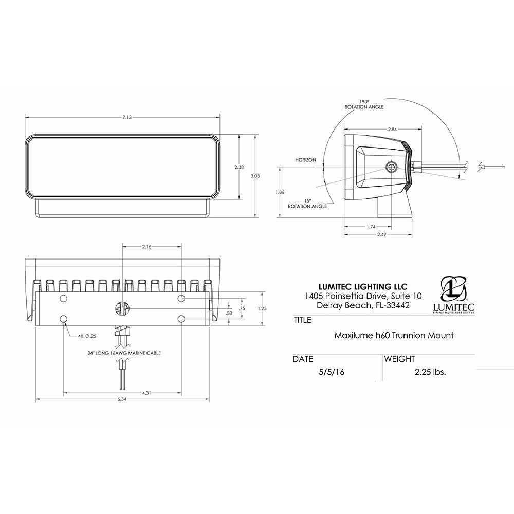 Lumitec Maxillume h60 - Trunnion Mount Flood Light - White Dimming - White Housing [101334] - Houseboatparts.com