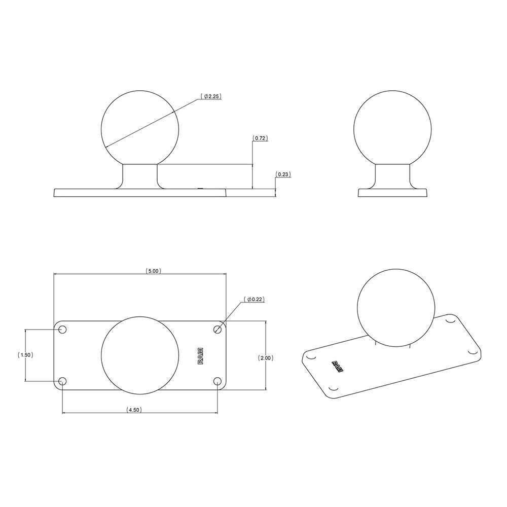 RAM Mount 2" x 5" Rectangle Base w/2.25" Ball [RAM-D-202U-25] - Houseboatparts.com