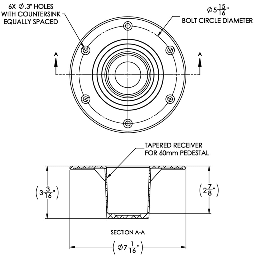 TACO Table Support - Flush Mount - Fits 2-3/8" Pedestals [Z10-4085BLY60MM] - Houseboatparts.com