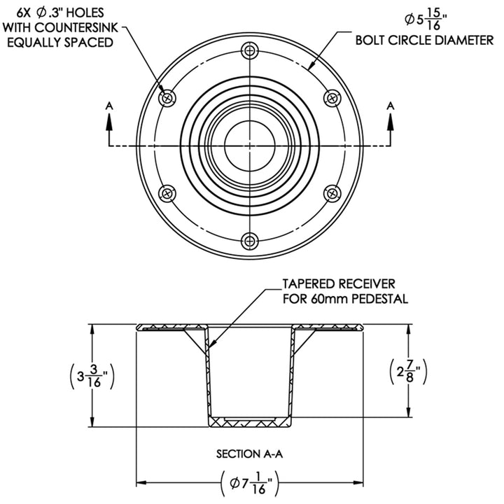 TACO Table Support - Flush Mount - Fits 2-3/8" Pedestals [Z10-4085BLY60MM] - Houseboatparts.com