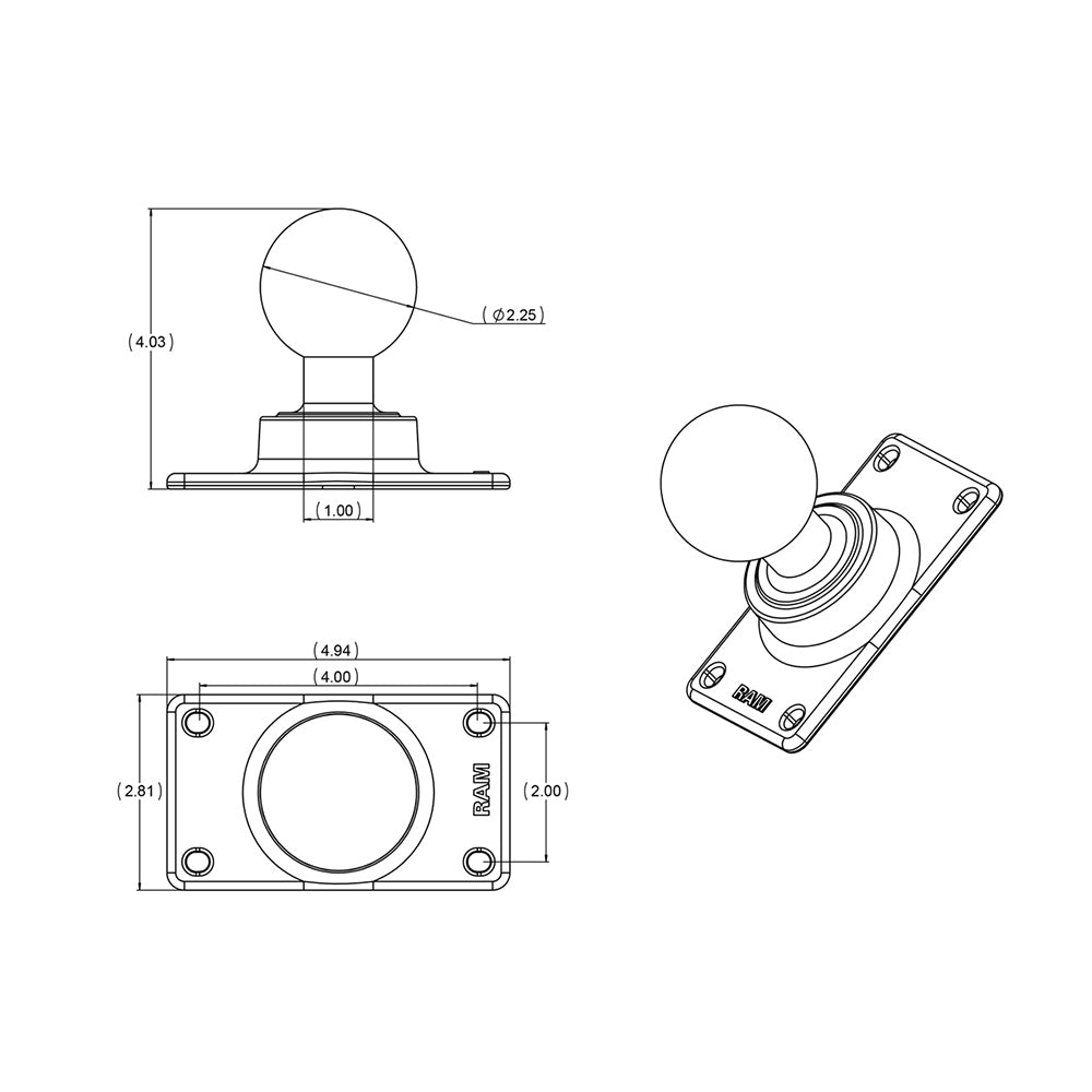 RAM Mount 50mm x 100mm Half VESA Plate Adapter w/D Size 2.25" Ball [RAM-D-243U] - Houseboatparts.com