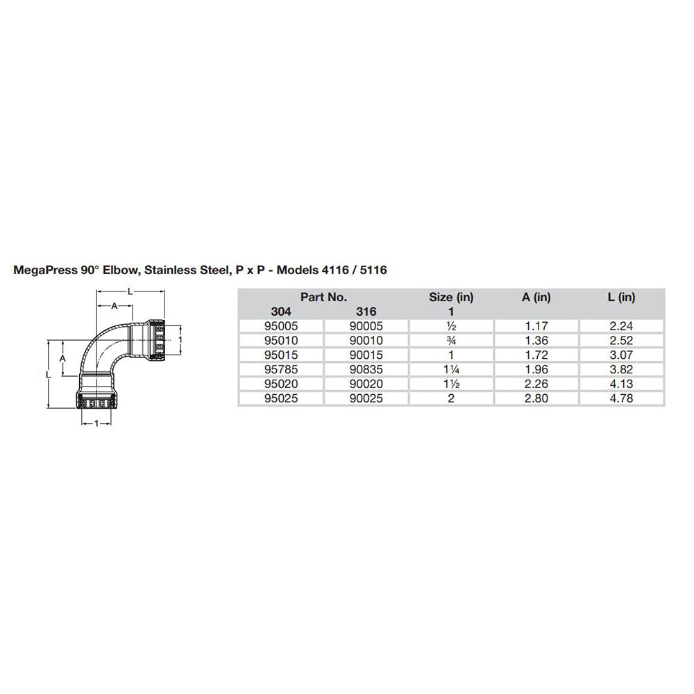 Viega MegaPress 1/2" 90 Stainless 304 Elbow - Double Press Connection - Smart Connect Technology [95005] - Houseboatparts.com