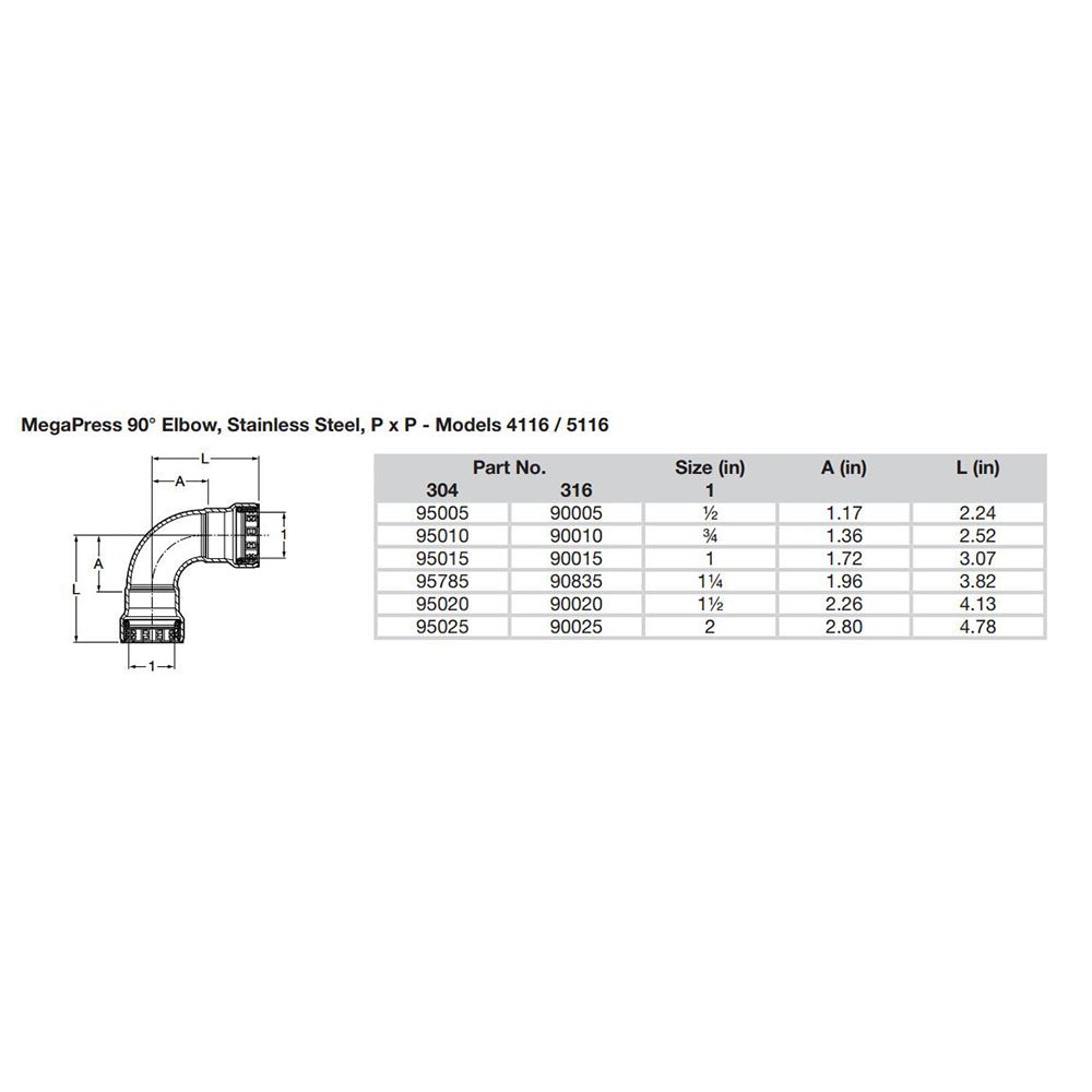Viega MegaPress 1 - 1/2" 90 Stainless 304 Elbow - Double Press Connection - Smart Connect Technology [95020] - Houseboatparts.com