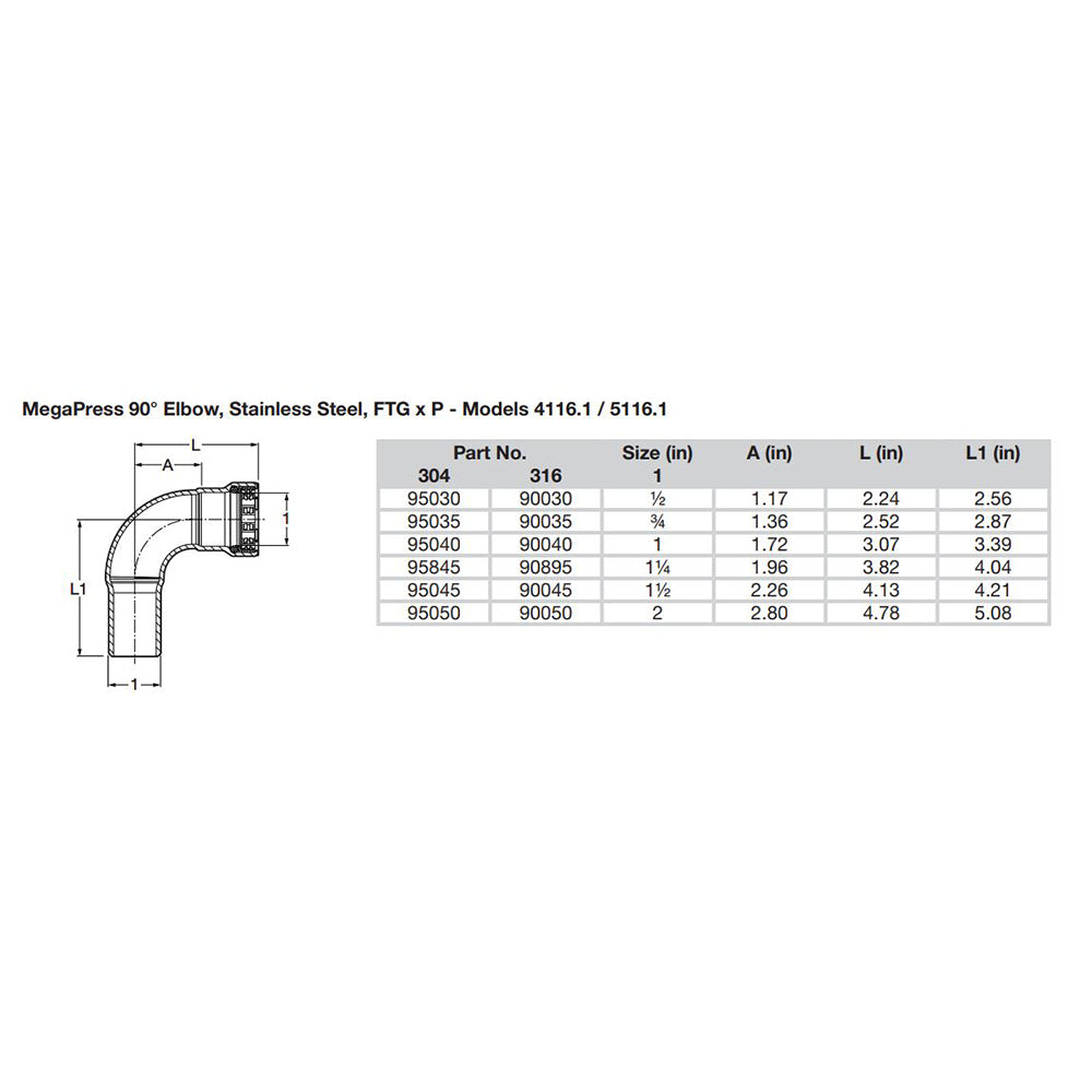 Viega MegaPress 1/2" 90 Stainless 304 Elbow - Street/Press Connection - Smart Connect Technology [95030] - Houseboatparts.com