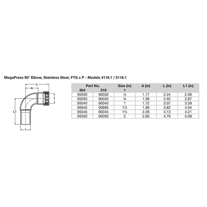 Viega MegaPress 1 - 1/2" 90 Stainless Steel 304 Elbow Street - Press Connection - Smart Connect Technology [95045] - Houseboatparts.com