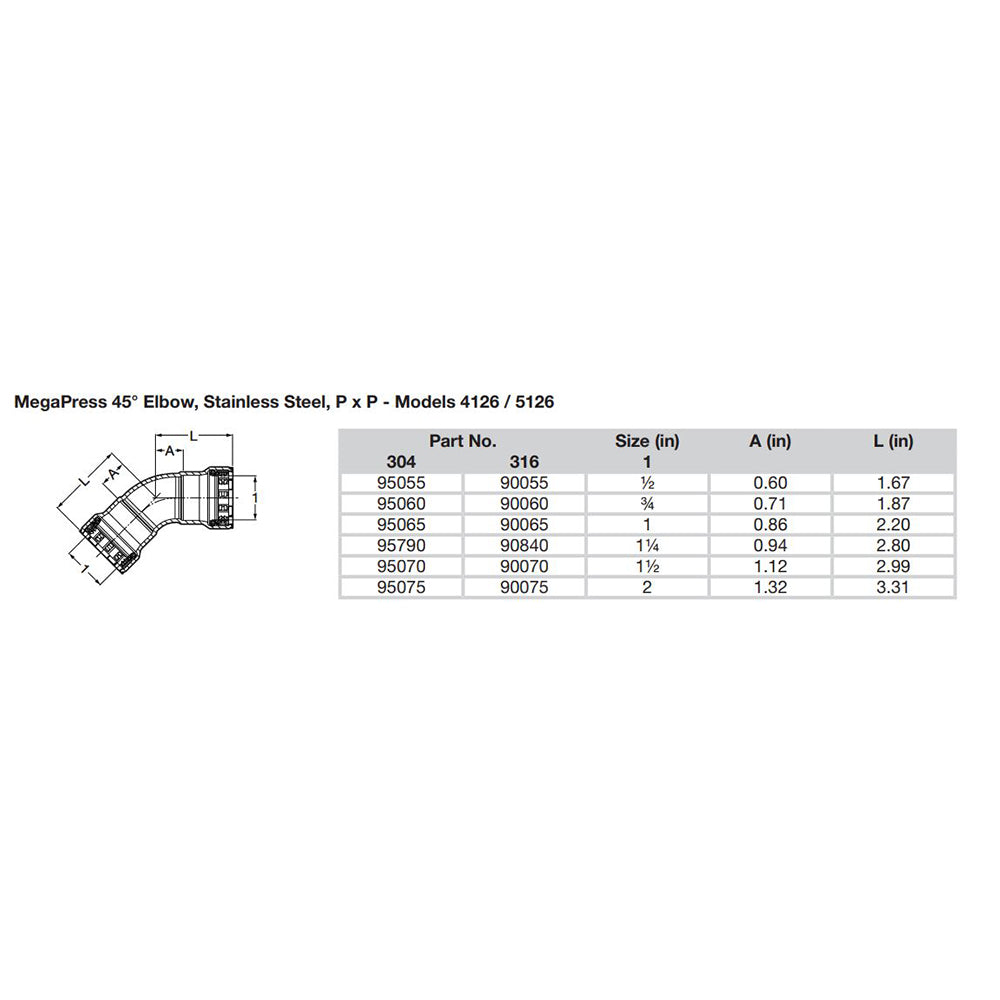 Viega MegaPress 1/2" 45 Stainless Steel 304 Elbow - Double Press Connection - Smart Connect Technology [95055] - Houseboatparts.com