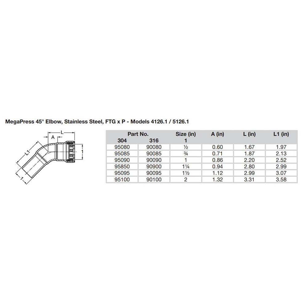 Viega MegaPress 1/2" 45 Stainless Steel 304 Elbow Street - Press Connection - Smart Connect Technology [95080] - Houseboatparts.com