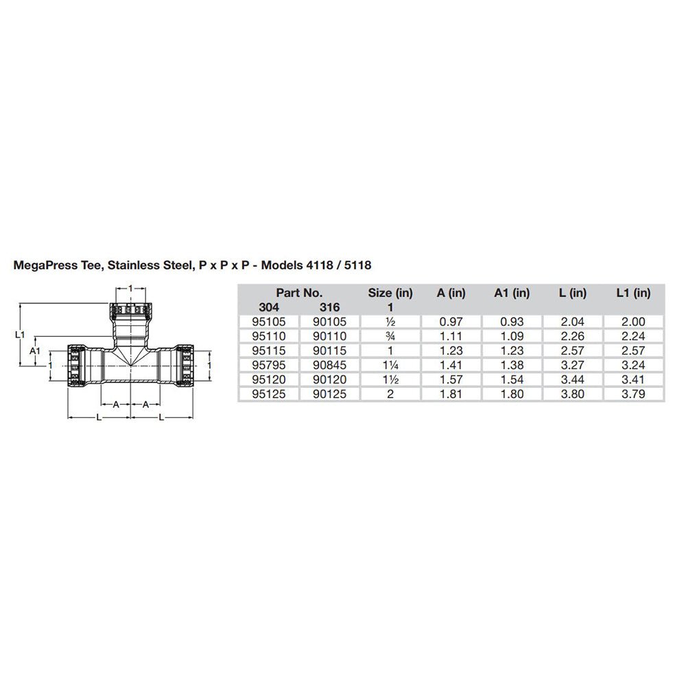 Viega MegaPress 1 - 1/2" Stainless Steel 304 Tee - Triple Press Connection - Smart Connect Technology [95120] - Houseboatparts.com