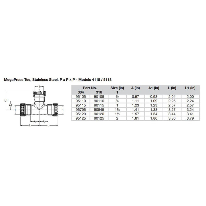 Viega MegaPress 1 - 1/2" Stainless Steel 304 Tee - Triple Press Connection - Smart Connect Technology [95120] - Houseboatparts.com