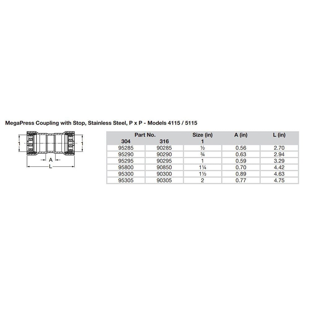 Viega MegaPress 1 - 1/2" Stainless Steel 304 Coupling w/Stop - Double Press Connection - Smart Connect Technology [95300] - Houseboatparts.com