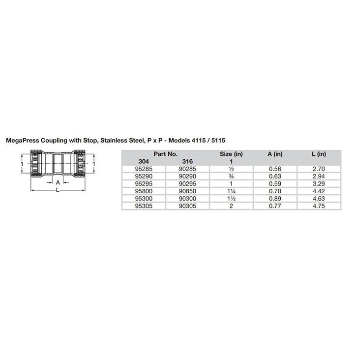 Viega MegaPress 1 - 1/2" Stainless Steel 304 Coupling w/Stop - Double Press Connection - Smart Connect Technology [95300] - Houseboatparts.com