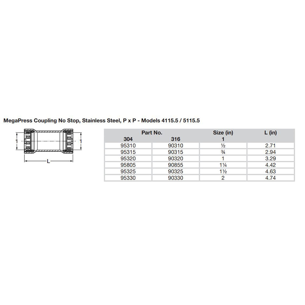 Viega MegaPress 1/2" Stainless Steel 304 Coupling w/o Stop - Double Press Connection - Smart Connect Technology [95310] - Houseboatparts.com