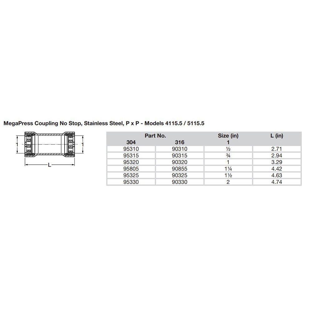 Viega MegaPress 1 - 1/2" Stainless Steel 304 Coupling w/o Stop - Double Press Connection - Smart Connect Technology [95325] - Houseboatparts.com