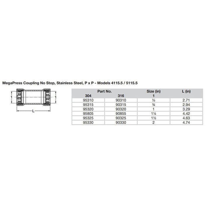 Viega MegaPress 1 - 1/2" Stainless Steel 304 Coupling w/o Stop - Double Press Connection - Smart Connect Technology [95325] - Houseboatparts.com