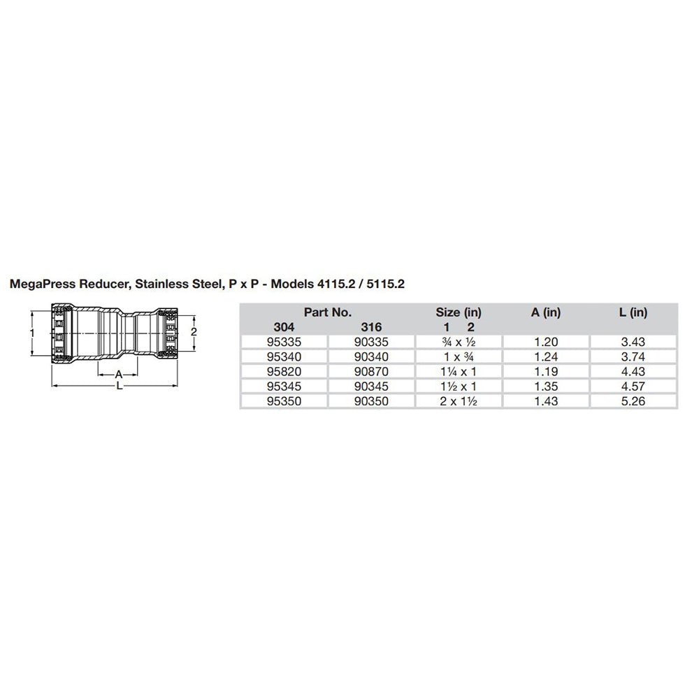 Viega MegaPress 2" x 1 - 1/2" Stainless Steel 304 Reducer - Double Press Connection - Smart Connect Technology [95350] - Houseboatparts.com