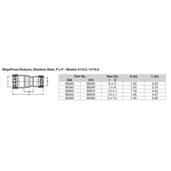 Viega MegaPress 2" x 1 - 1/2" Stainless Steel 304 Reducer - Double Press Connection - Smart Connect Technology [95350] - Houseboatparts.com