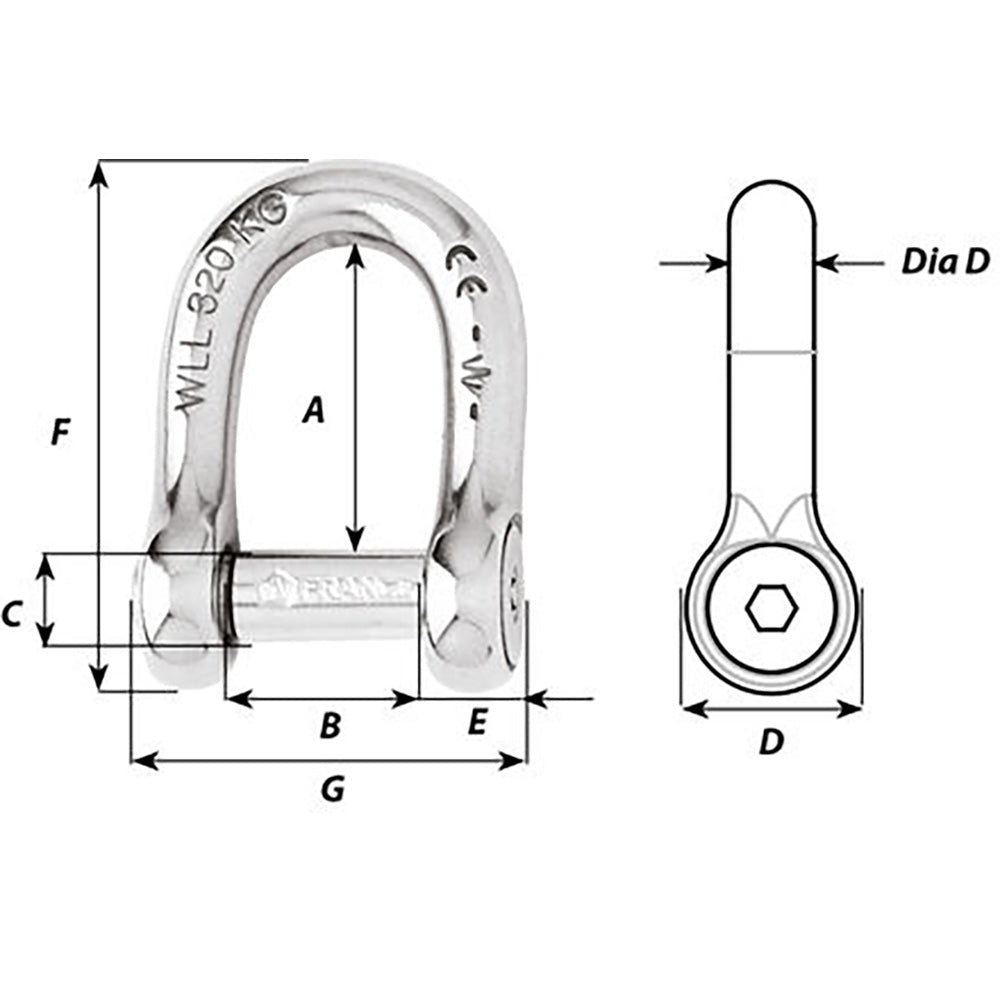 Wichard Self - Locking Allen Head Pin D Shackle - 10mm Diameter - 13/32" [01305] - Houseboatparts.com